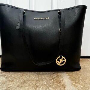 Michael Kors Black Leather Tote with Gold Accents